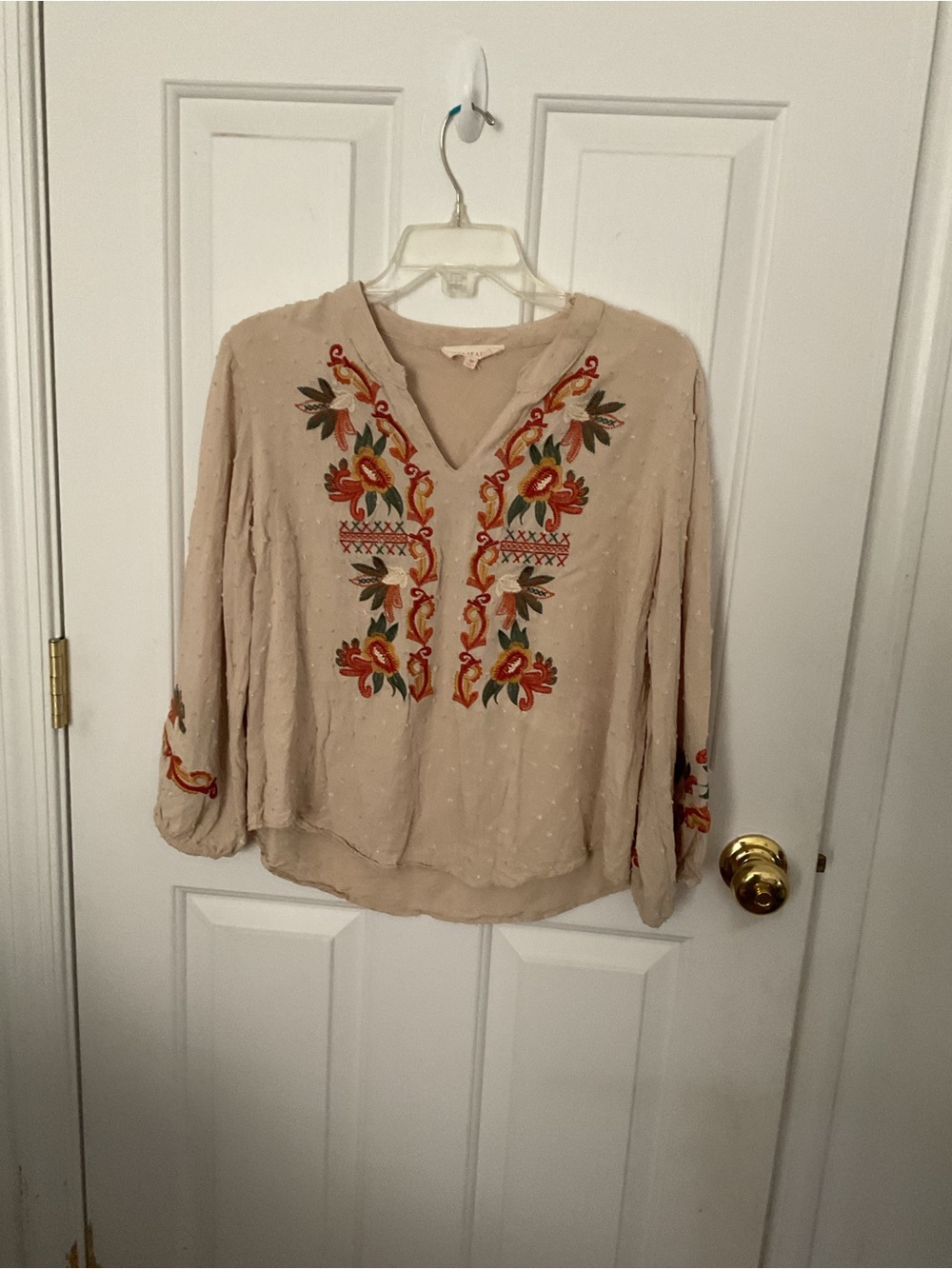 Solitaire Beige Embroidered V-Neck Blouse with Red & Green Floral Accents